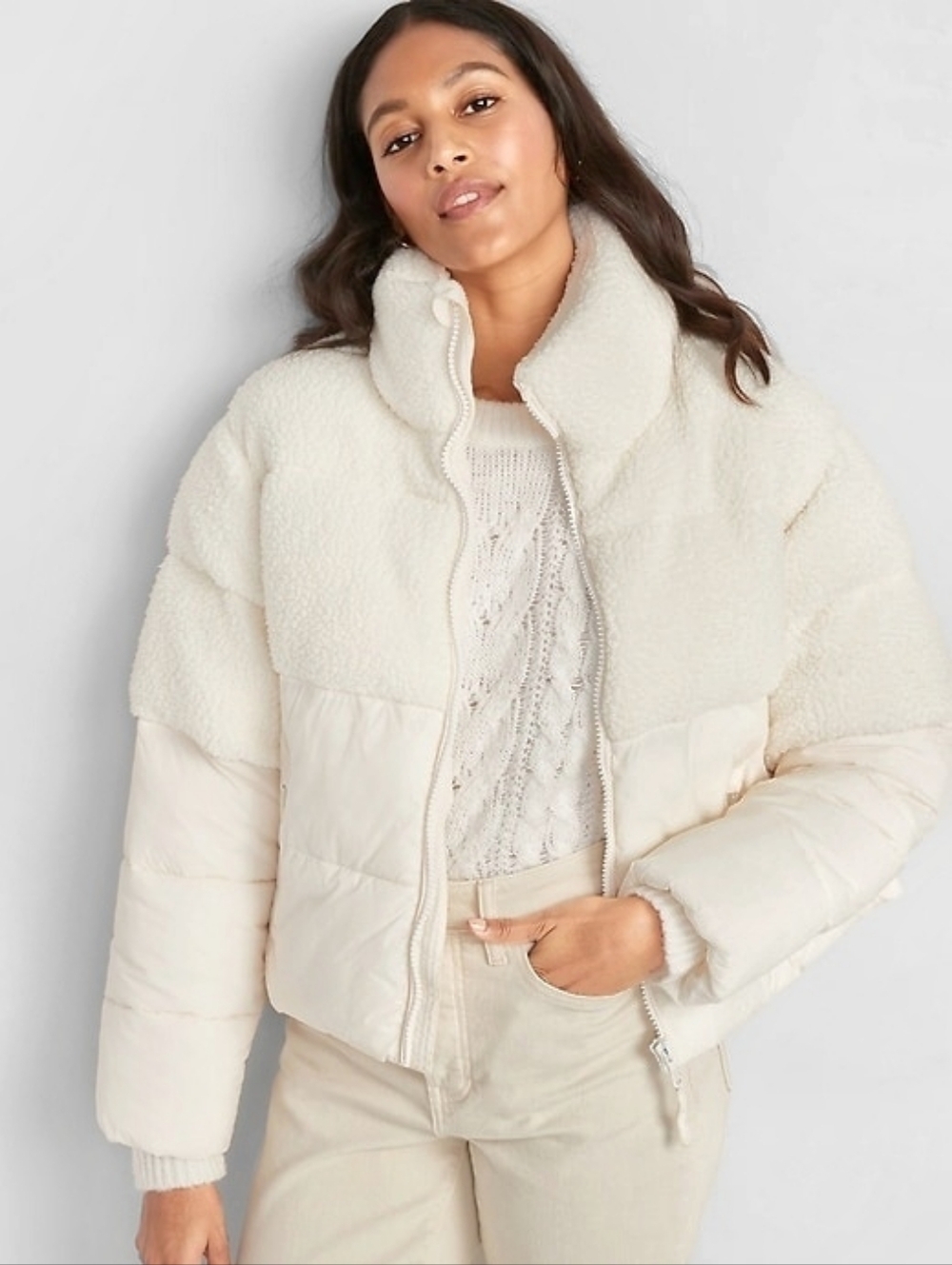 OLD NAVY Cream Sherpa Panel Puffer Jacket